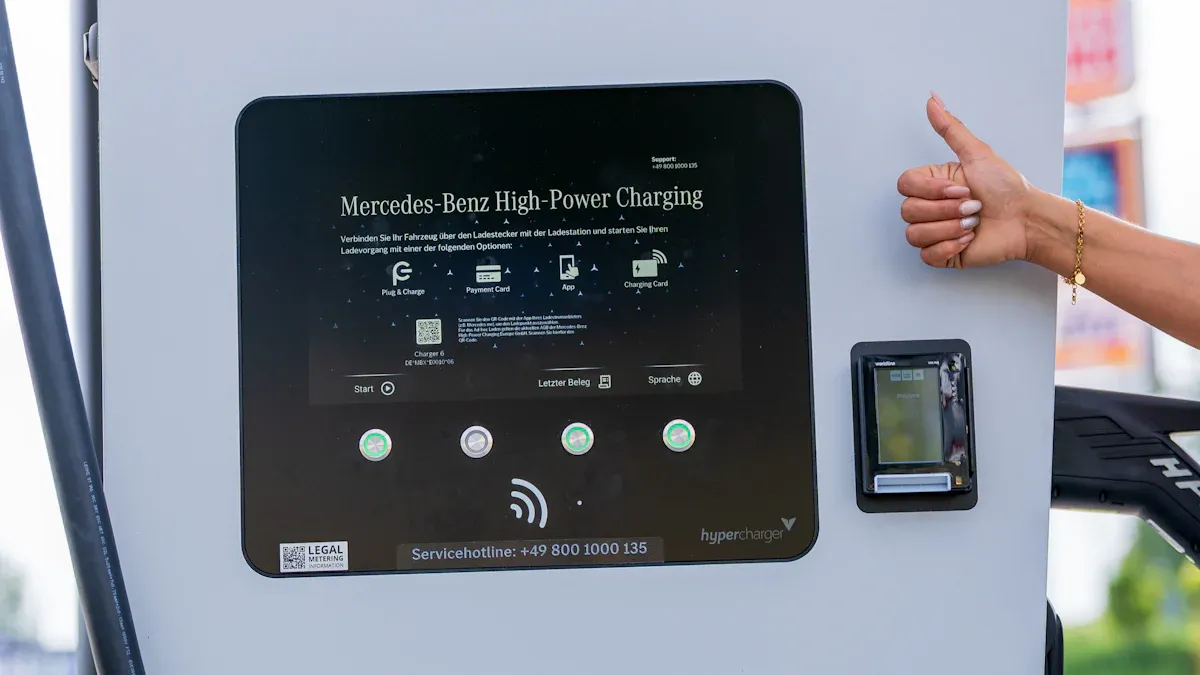 Um ecrã de uma estação de carregamento de alta potência da Mercedes-Benz. Fora do enquadramento, uma pessoa segura um polegar para cima junto ao ecrã. 