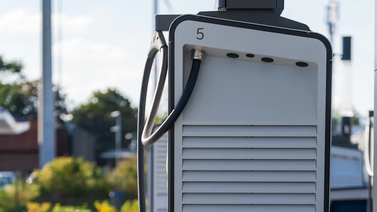 The back of an outdoor public EV charger, showing the attached cable.