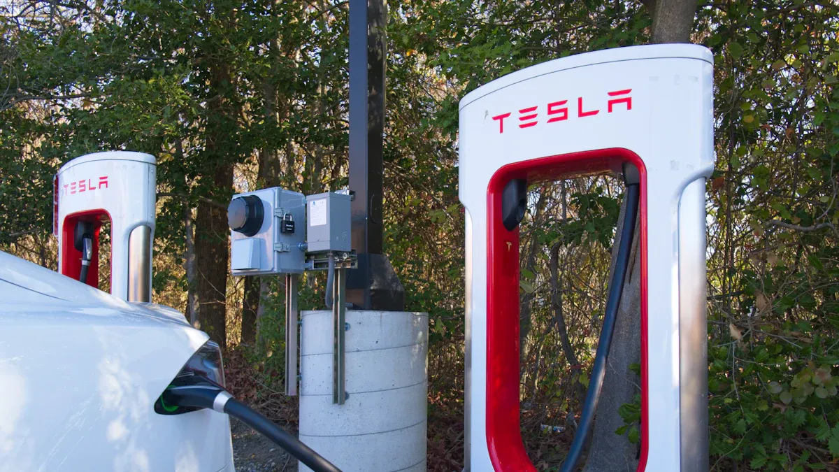 A vehicle connected to a Tesla charging station